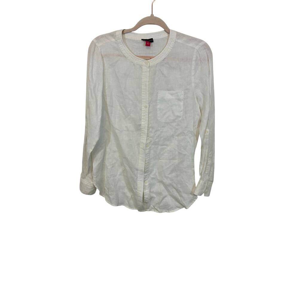 Vince Camuto Womens Shirt White Linen Blend Lagenlook Preppy S Equestrian